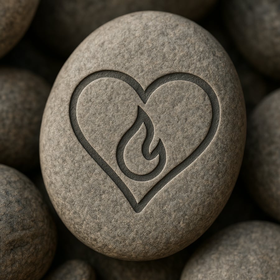 Heart with a flame carved into a pale stone.