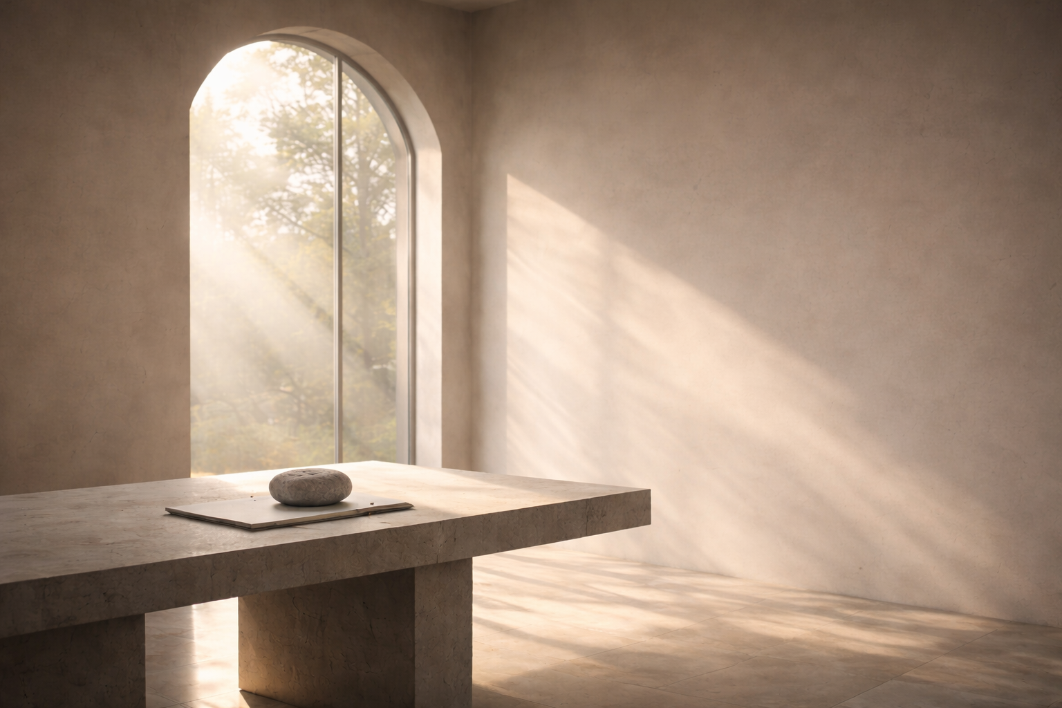 Stone on table in natural light by arched window
