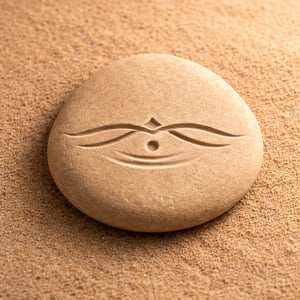 Two lines meeting over a point, carved into stone, forming a bridge of breath.