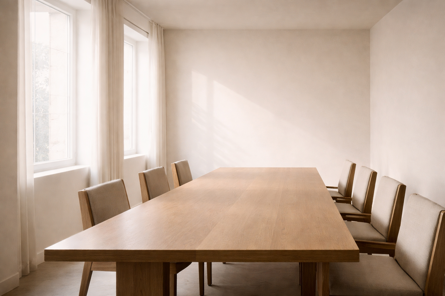 Minimal meeting room with wooden table and chairs in soft natural light