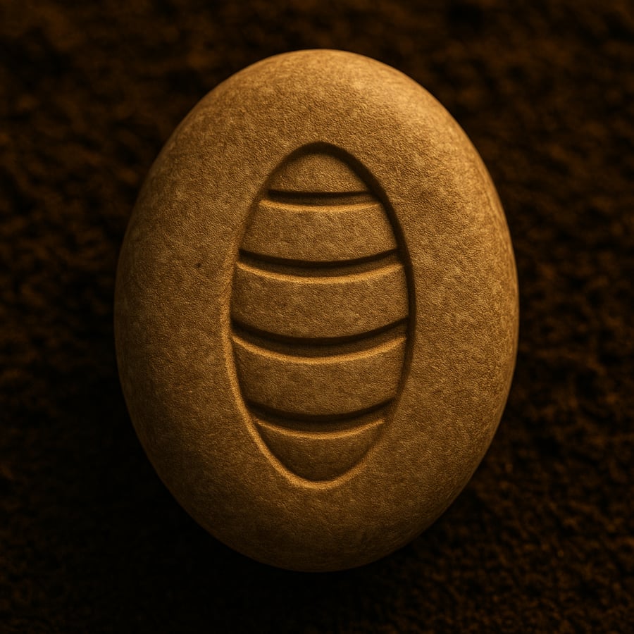 Engraved cocoon symbol on a smooth stone representing transformation and inner growth from the Learning Stones of Aereth collection by House of Veyrion.