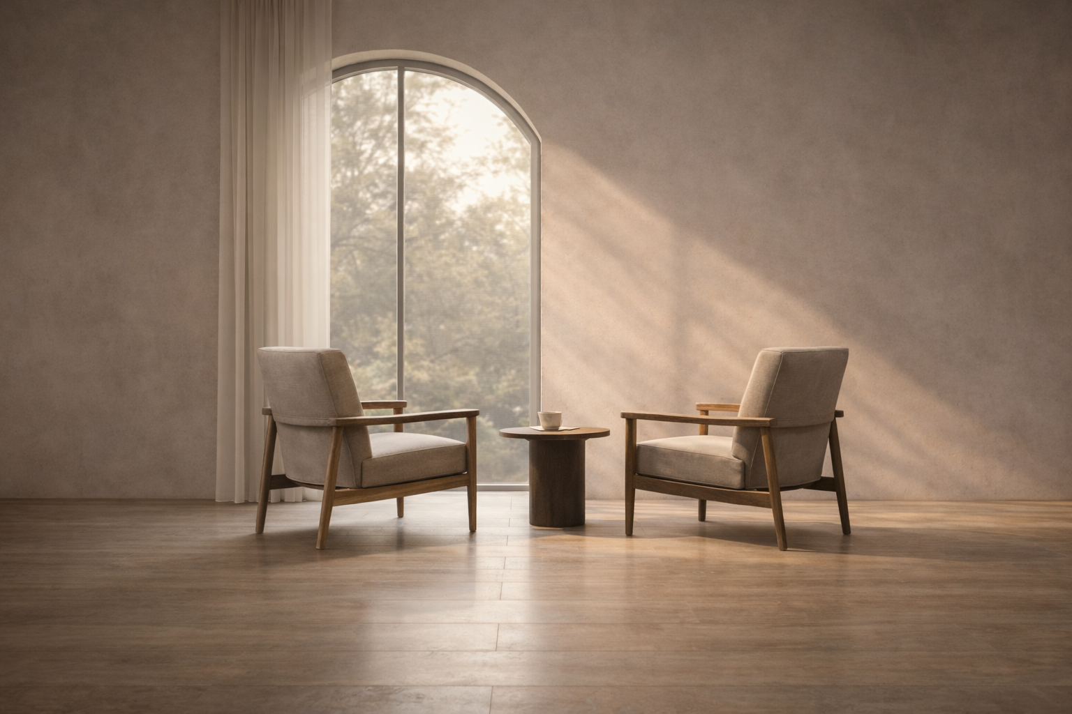 Stone on chairs in natural light by arched window