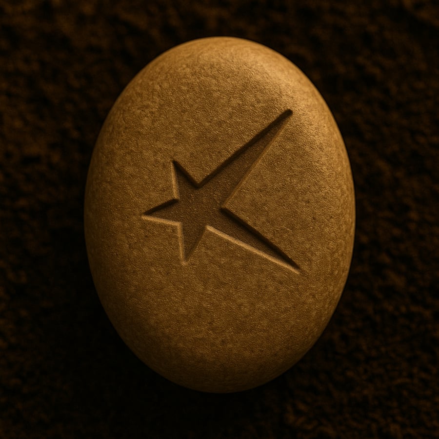 Engraved falling star symbol on a smooth stone representing arrival and sudden insight from the Learning Stones of Aereth collection by House of Veyrion. Engraved falling star symbol on a smooth stone representing arrival and sudden insight from the Learning Stones of Aereth collection by House of Veyrion.