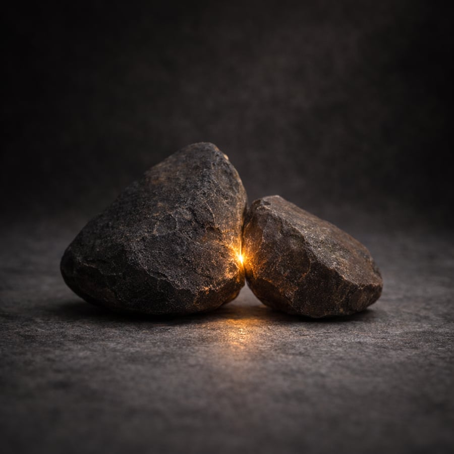 Two stones touching, a small glow of light emerging where they meet