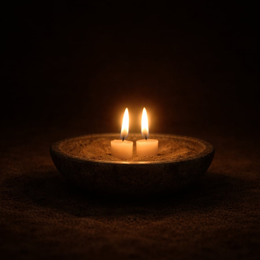 Two small candles burning close together in a stone bowl