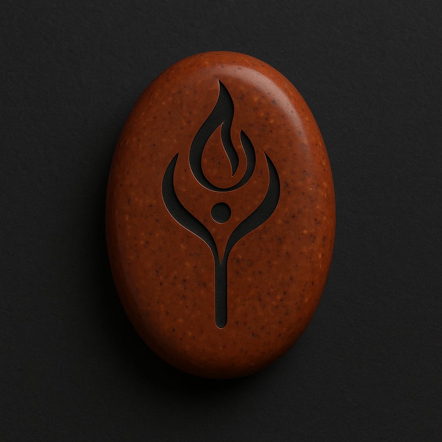 Red engraved stone with a flame-like symbol representing the Fire of Connection from the Odes of Light collection of House of Veyrion.