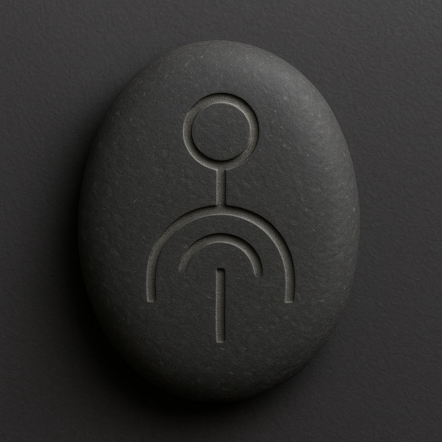 Black engraved stone with the Gate of Silence symbol, a vertical line beneath two arcs and a circle, from the Odes of Light collection of House of Veyrion.