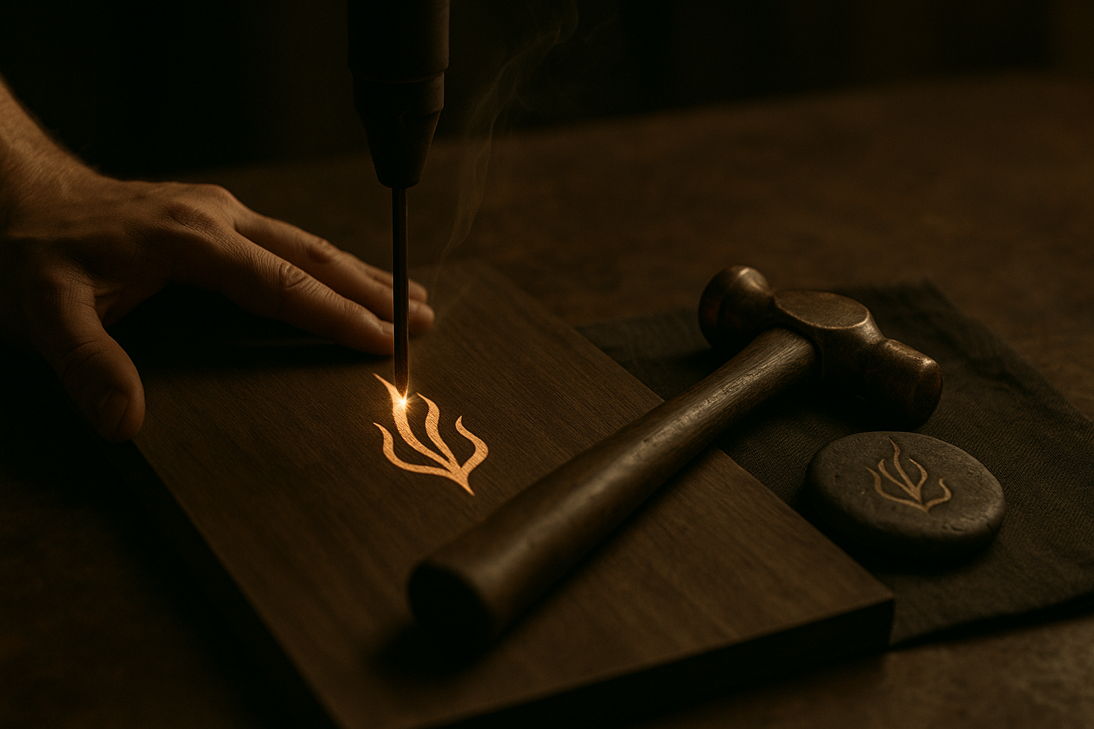 Crafting a flame symbol by hand engraving into dark wood with a heated tool, hammer and engraved stone on table