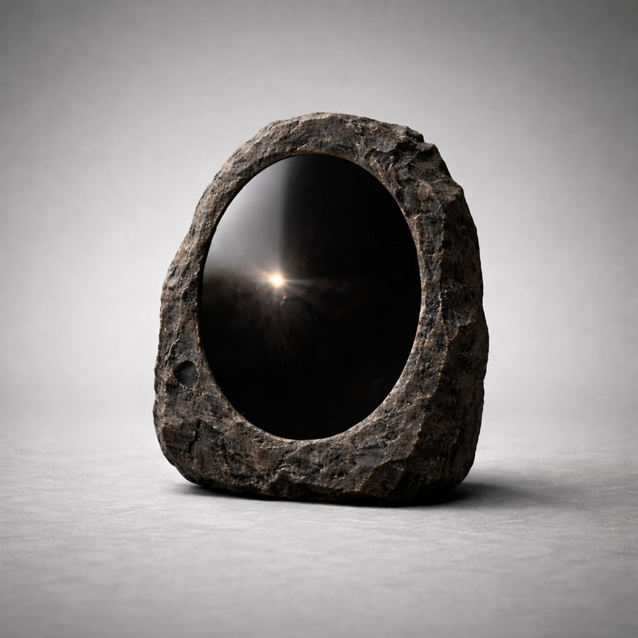 Polished obsidian set in rough stone, reflecting a single point of light