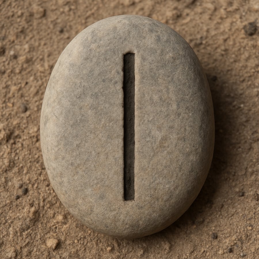 Engraved stone with a single vertical line symbol representing the Presence transmission key from the Sanctum teachings of House of Veyrion.