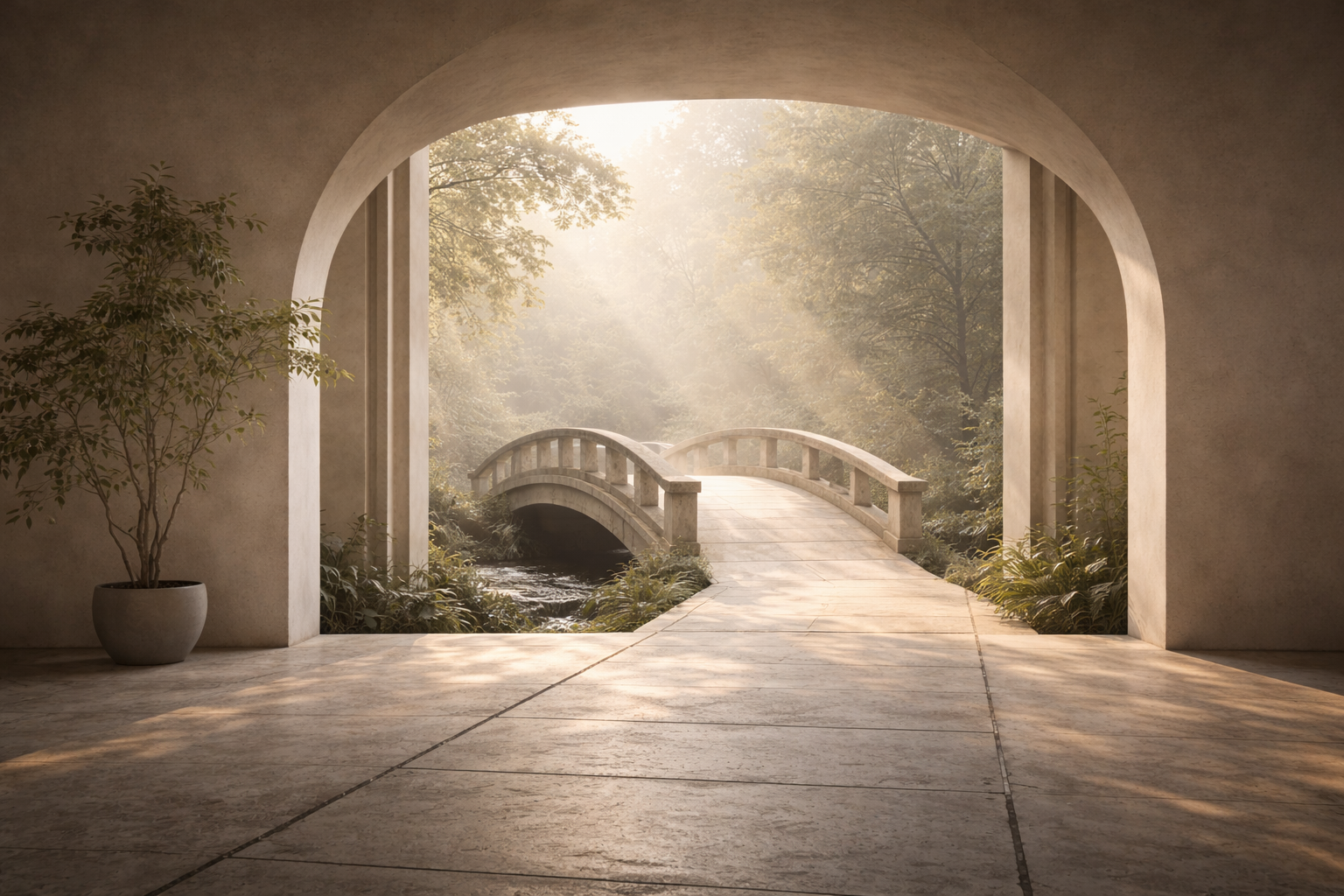Light shining over Bridge under an arched wall