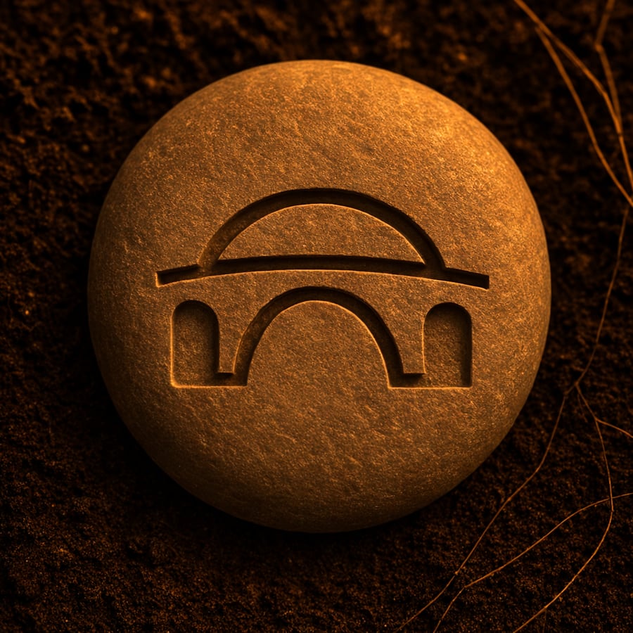 Engraved stone with a bridge shaped arc representing The Bridge of Resonance threshold marker from the Pilgrimage of Becoming in House of Veyrion.