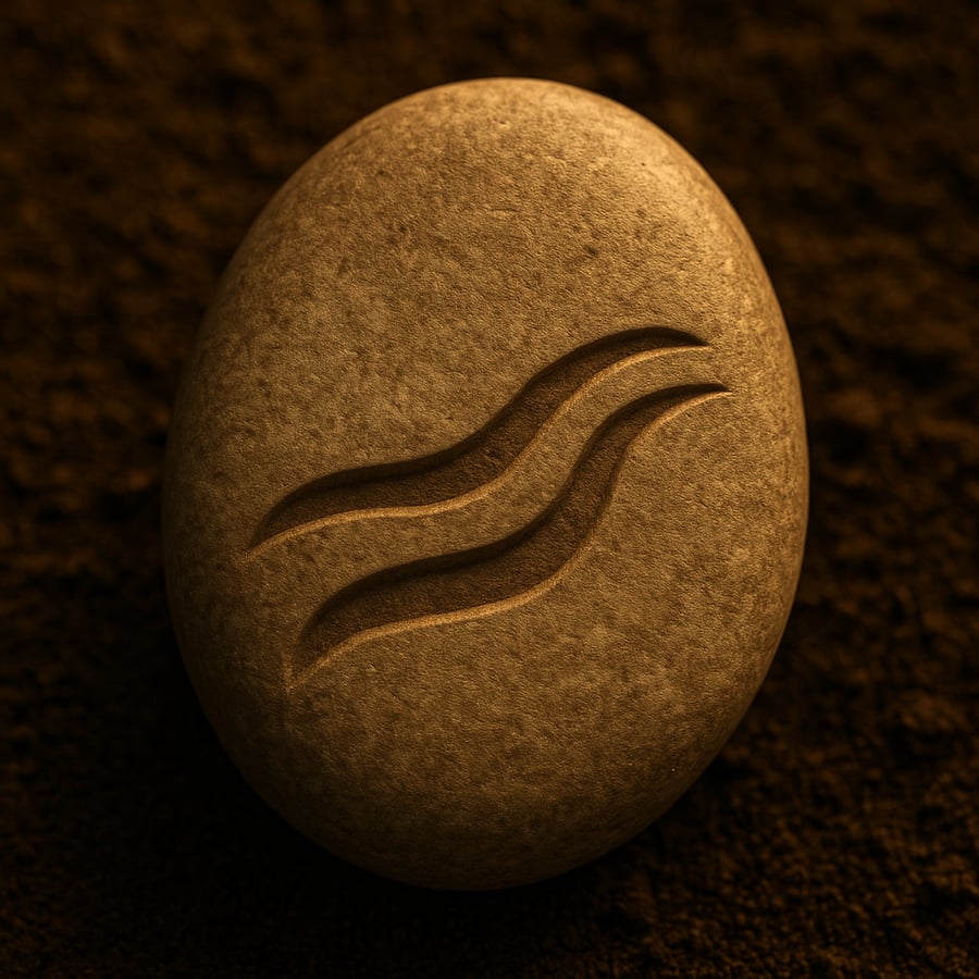 Engraved river symbol on a smooth stone representing flow and movement from the Learning Stones of Aereth collection by House of Veyrion.