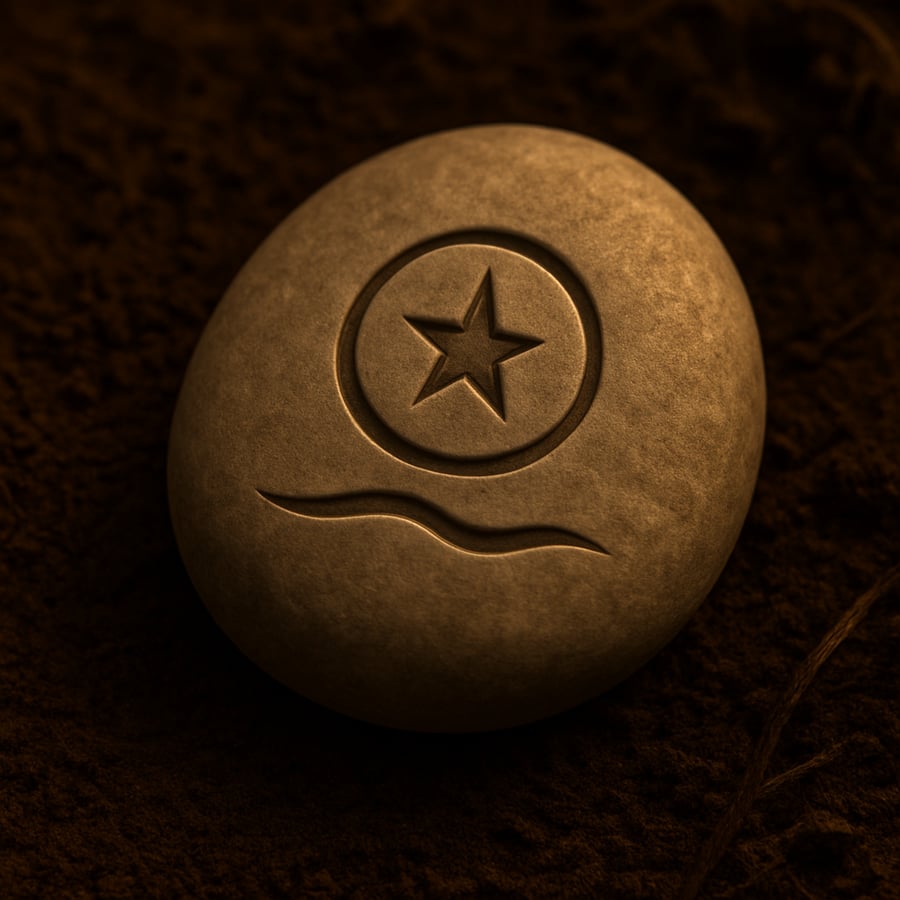 Engraved stone featuring a star above a wave symbol representing navigation across the sea.