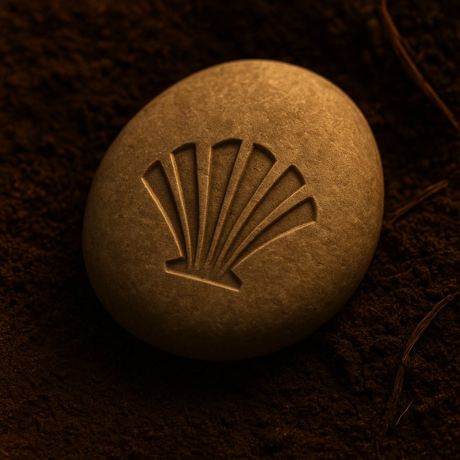 Engraved stone featuring a shell symbol representing the echo of the ocean and listening. Engraved stone featuring a shell symbol representing the echo of the ocean and listening.