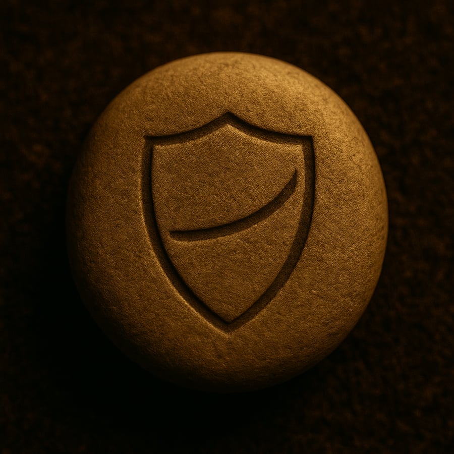 Engraved shield symbol on a smooth stone representing calm protection from the Guardian Stones of Aereth collection by House of Veyrion.