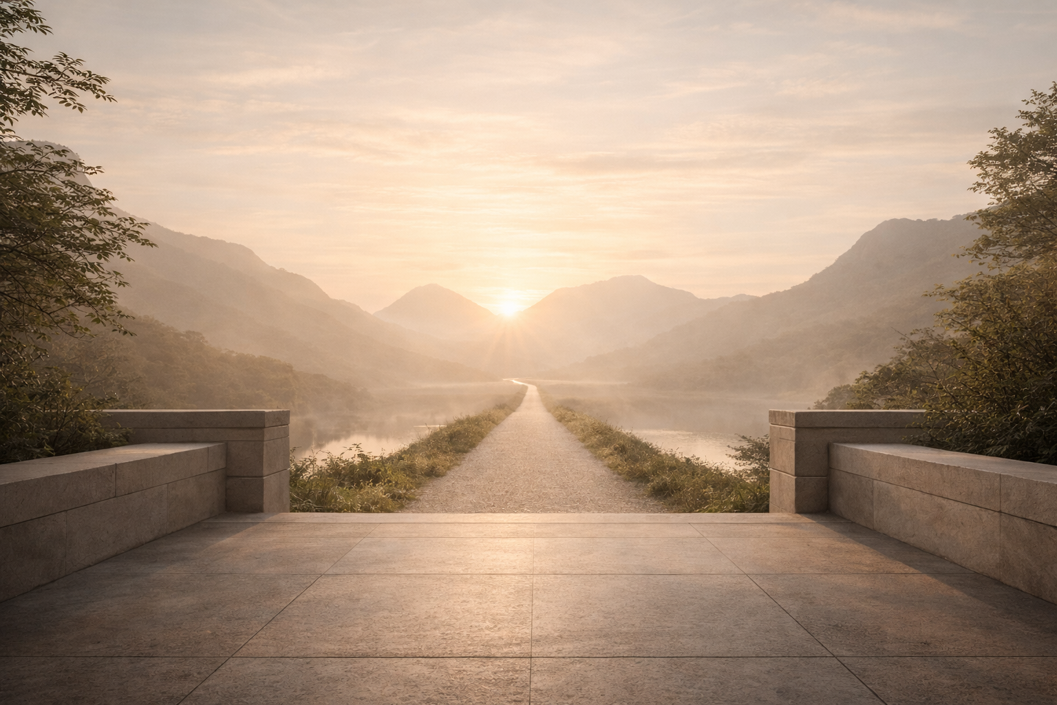 Sun shining on path from the mountains