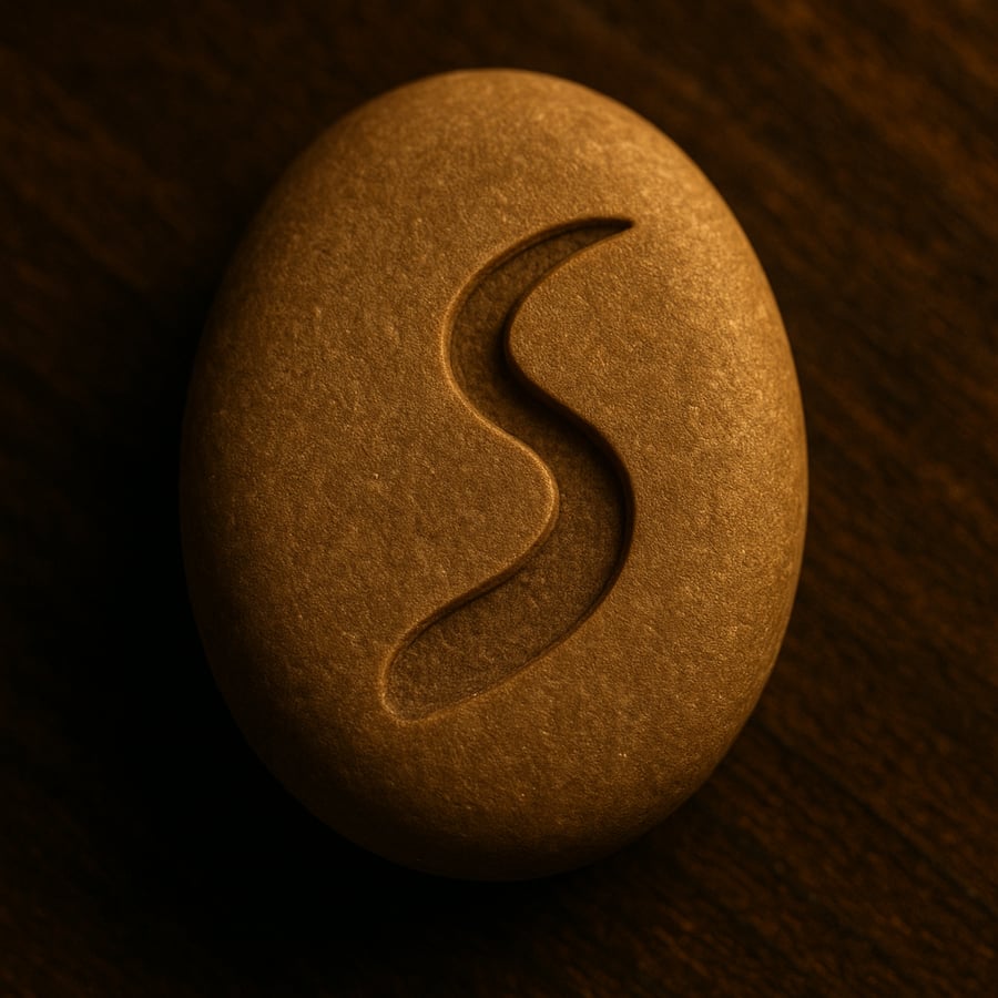 Engraved stone with a flowing curved line symbol representing movement and continuity.