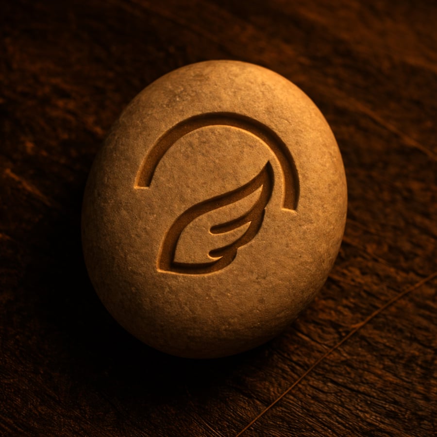 Engraved wing and arch symbol on a smooth stone representing protected passage from the Guardian Stones of Aereth collection by House of Veyrion. Engraved wing and arch symbol on a smooth stone representing protected passage from the Guardian Stones of Aereth collection by House of Veyrion.
