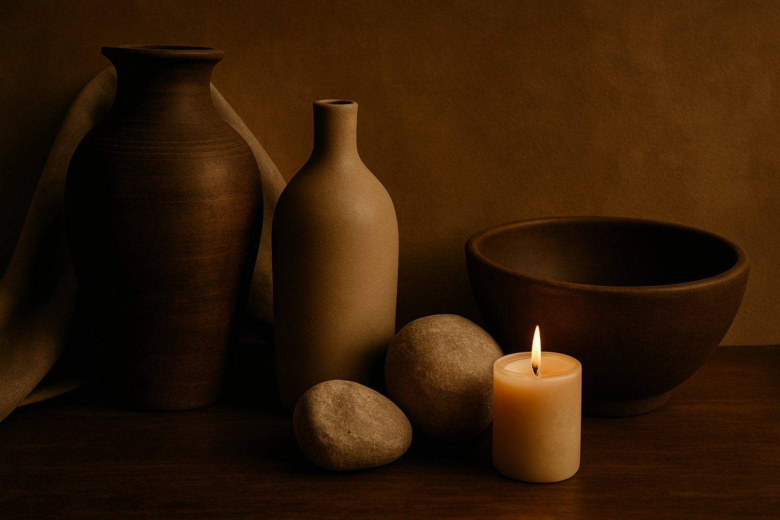 Veyrion still life with ceramic vessels, candle and stones in warm earth tones Veyrion still life with ceramic vessels, candle and stones in warm earth tones
