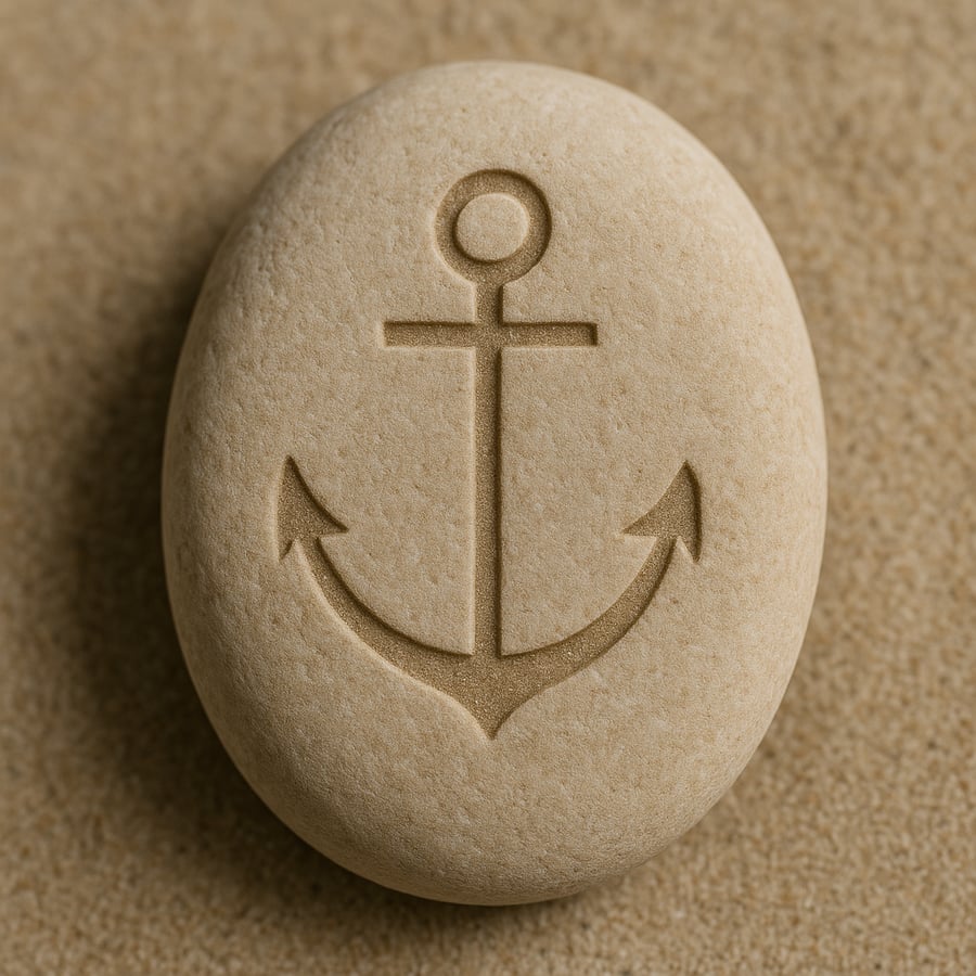 Engraved stone with a vertical line descending into a grounded base representing the Anchoring transmission key from the Sanctum teachings of House of Veyrion.