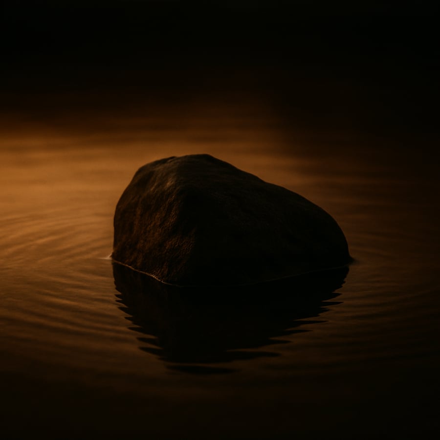 Dark stone resting in still water, surrounded by soft ripples in warm light