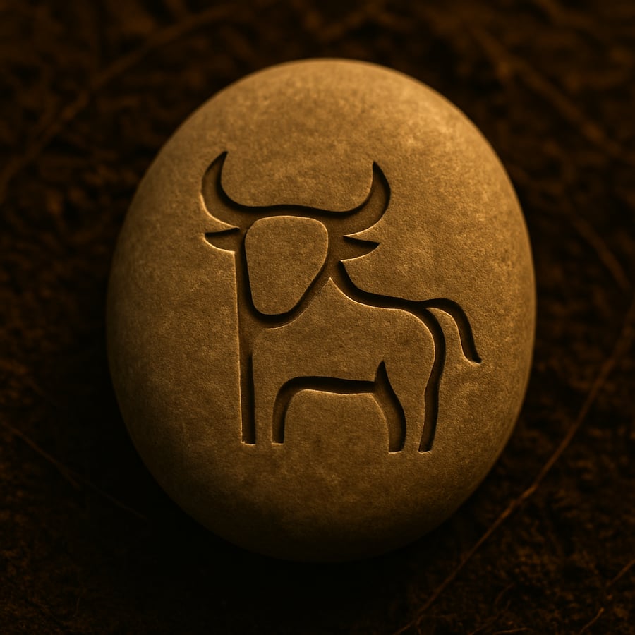 Engraved bull symbol on a smooth stone representing strength and grounded power from the Movement Stones of Aereth collection by House of Veyrion.