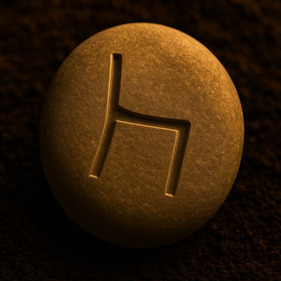 Engraved stone with a simple chair symbol representing The Chair threshold marker from the Pilgrimage of Becoming in House of Veyrion.