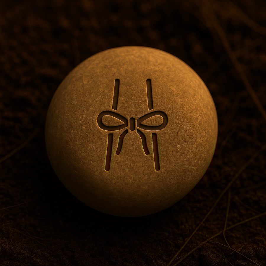 Engraved stone with a symbol of cords loosening and releasing representing the Letting Go of Cords threshold marker from the Pilgrimage of Becoming in House of Veyrion. Engraved stone with a symbol of cords loosening and releasing representing the Letting Go of Cords threshold marker from the Pilgrimage of Becoming in House of Veyrion.