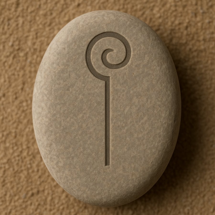 Engraved stone with a spiral and vertical line representing the Cosmic Thread from the Echo Stones of Aereth collection.