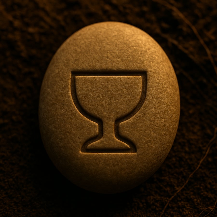 Engraved cup symbol on a smooth stone representing nourishment and offering from the Movement Stones of Aereth collection by House of Veyrion.