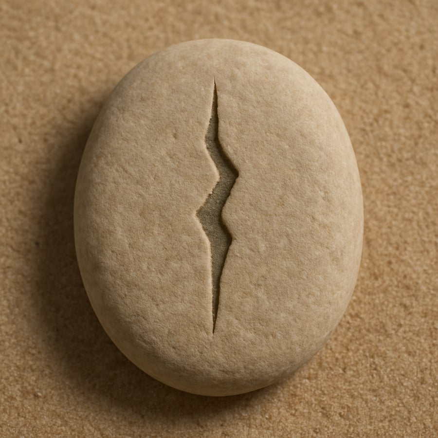 Engraved stone with intersecting lines breaking a central pattern representing the Disruption transmission key from the Sanctum teachings of House of Veyrion.