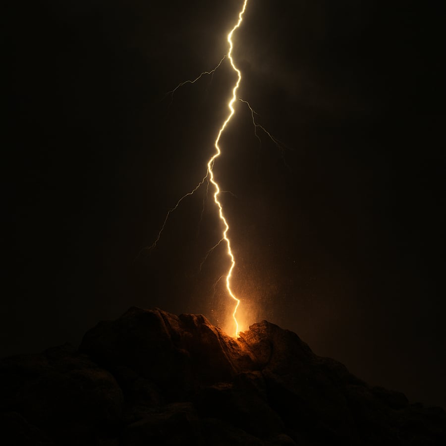 Lightning striking down into rock in darkness
