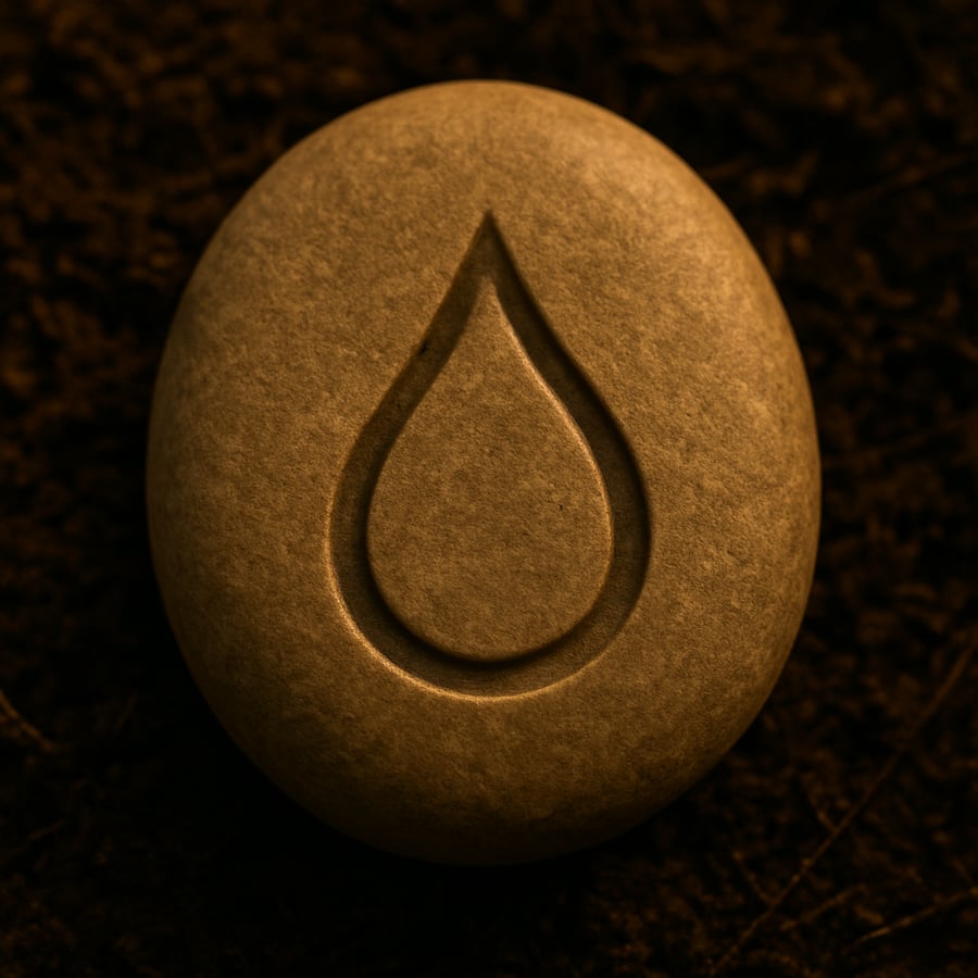 Engraved water drop symbol on a smooth stone representing concentration and movement from the Movement Stones of Aereth collection by House of Veyrion.