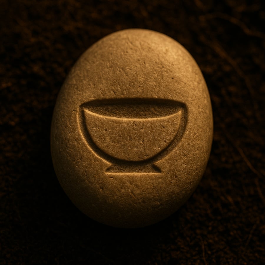 Engraved bowl symbol on a smooth stone representing openness and receptivity from the Learning Stones of Aereth collection by House of Veyrion.