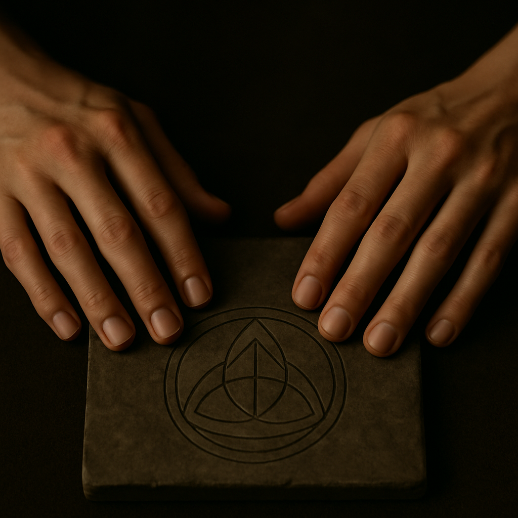 Hands resting on dark wood with a carved geometric symbol, prepared for engraving