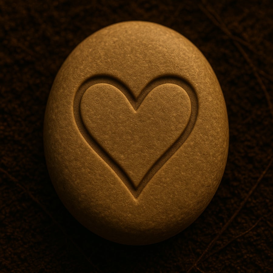 Engraved heart symbol on a smooth stone representing vitality and connection from the Movement Stones of Aereth collection by House of Veyrion.
