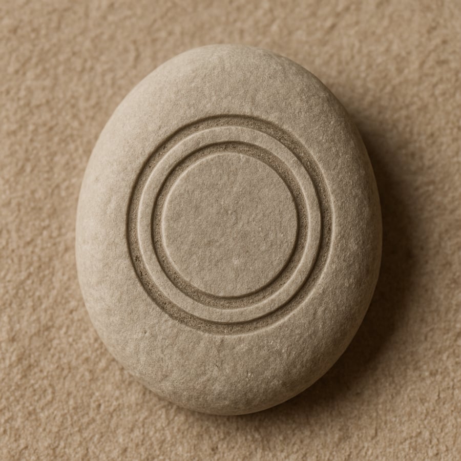 Engraved stone with two upward curves supporting a central form representing the Holding transmission key from the Sanctum teachings of House of Veyrion.
