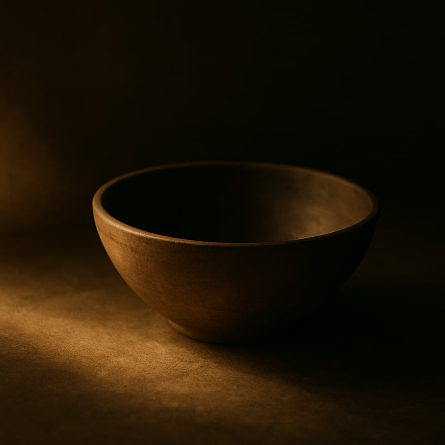 Simple bowl resting in soft, warm light against a dark background