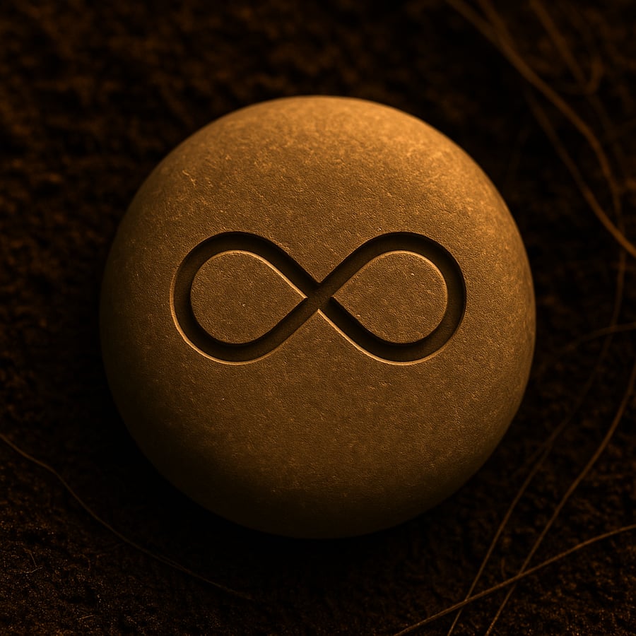 Engraved stone with an infinity symbol representing Self Care as Leadership Ground threshold marker from the Pilgrimage of Becoming in House of Veyrion.
