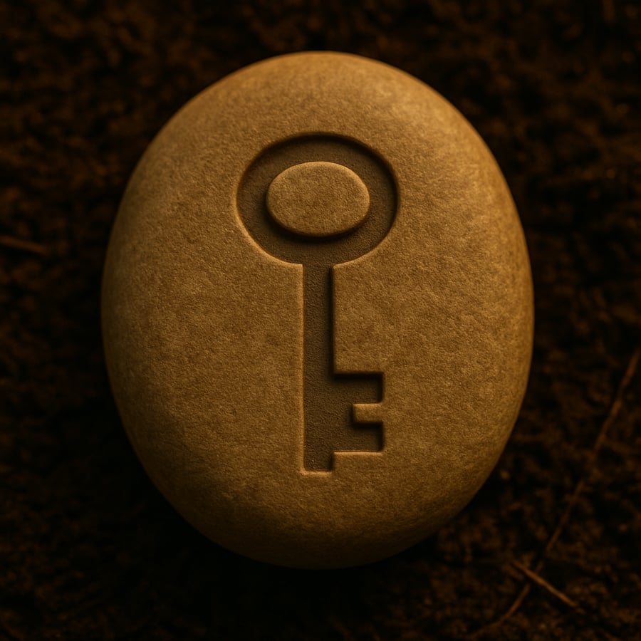 Engraved key symbol on a smooth stone representing access and discovery from the Movement Stones of Aereth collection by House of Veyrion.