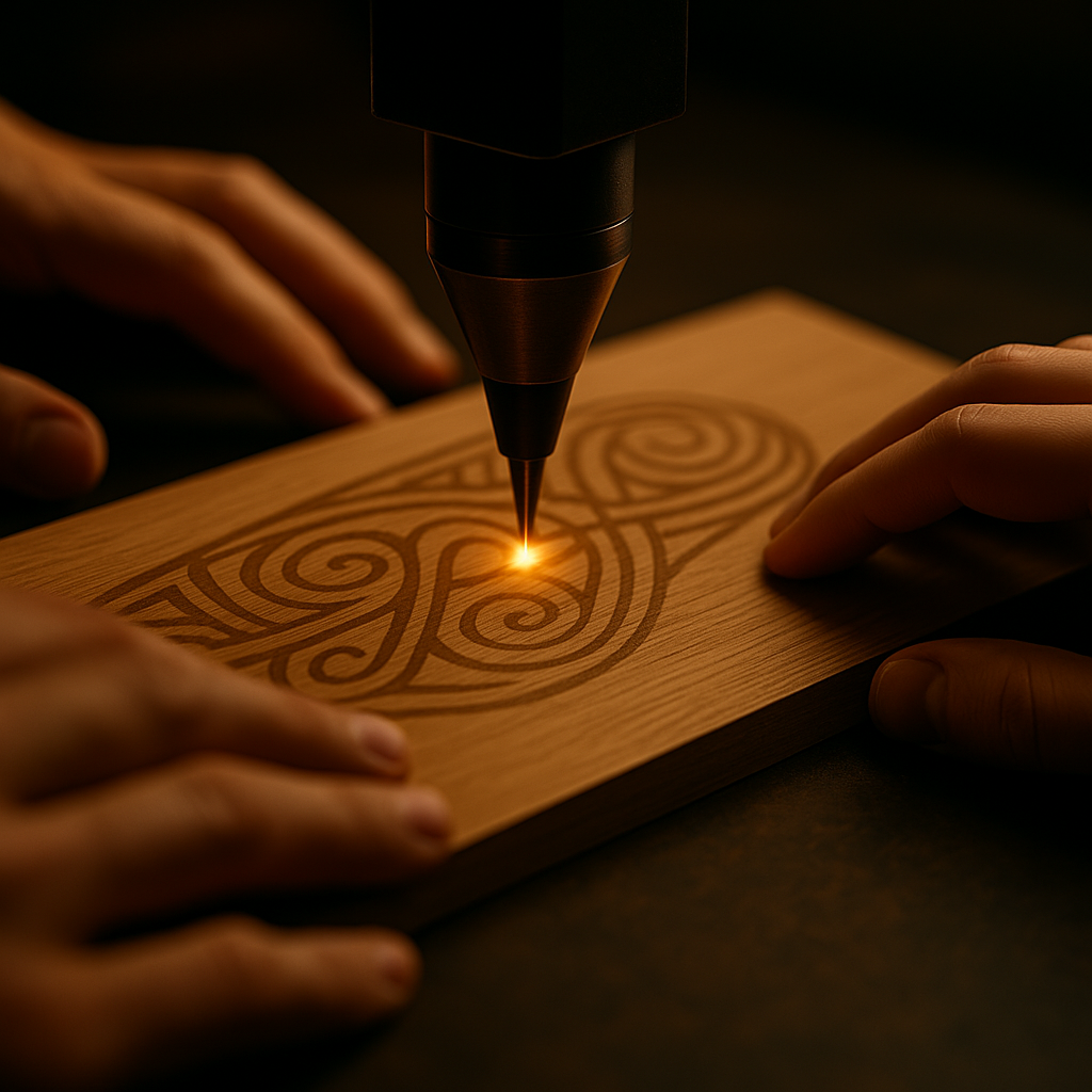 Laser engraving a detailed swirling symbol into wood with hands guiding the piece