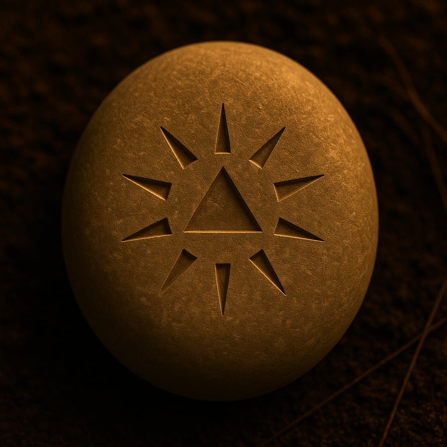 Engraved stone with a radiant star symbol representing The Incomparable Light threshold marker from the Pilgrimage of Becoming in House of Veyrion.