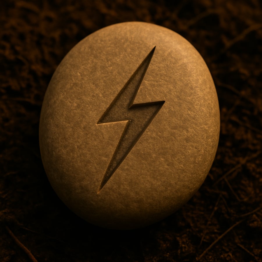 Engraved lightning symbol on a smooth stone representing sudden power and movement from the Movement Stones of Aereth collection by House of Veyrion. Engraved lightning symbol on a smooth stone representing sudden power and movement from the Movement Stones of Aereth collection by House of Veyrion.