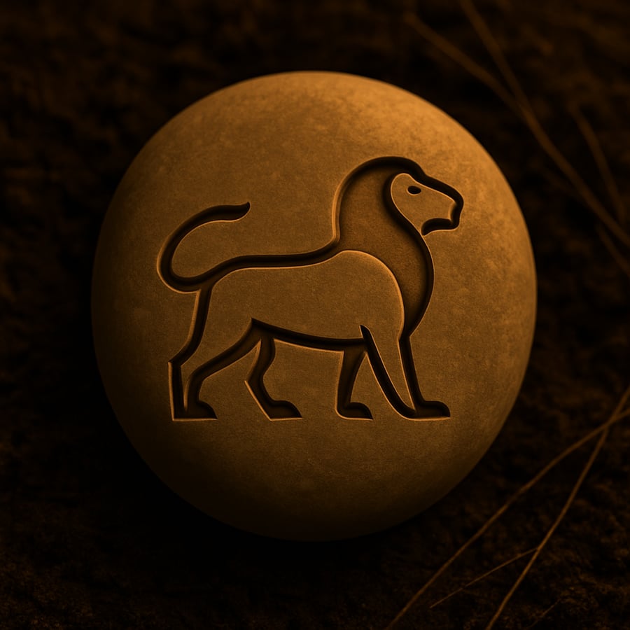Engraved lion symbol on a smooth stone representing courage and guardianship from the Guardian Stones of Aereth collection by House of Veyrion.