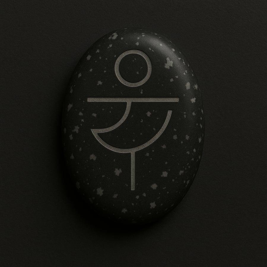 Dark engraved stone with the Mirror of Earth and Stars symbol, a circle and curved line reflecting balance between earth and sky, from the Odes of Light collection of House of Veyrion.