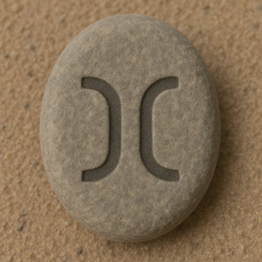 Engraved stone with two mirrored curves around a central line representing the Mirroring transmission key from the Sanctum teachings of House of Veyrion.