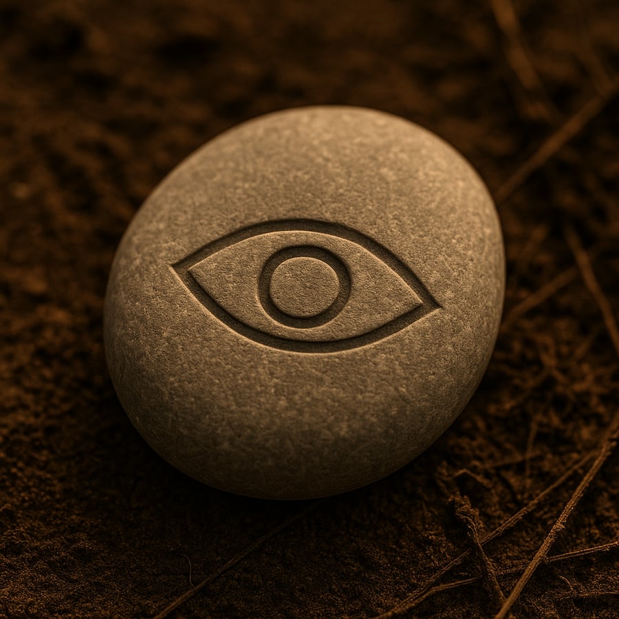 Engraved stone bearing a simple eye symbol representing awareness, perception and inner seeing.