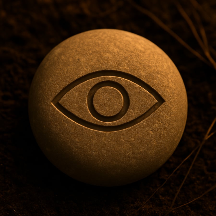 Engraved stone with an eye symbol representing The Eye of Silence threshold marker from the Pilgrimage of Becoming in House of Veyrion.