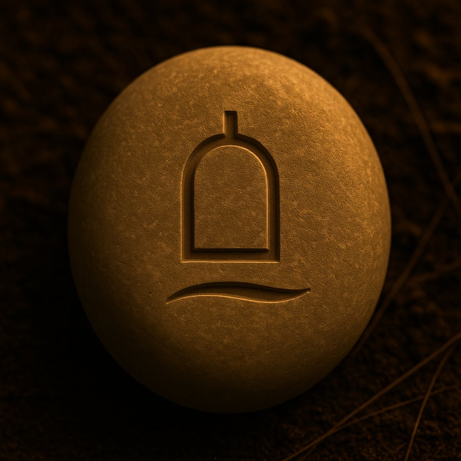 Engraved stone with a bell shaped symbol representing The Rhythm of Release threshold marker from the Pilgrimage of Becoming in House of Veyrion.